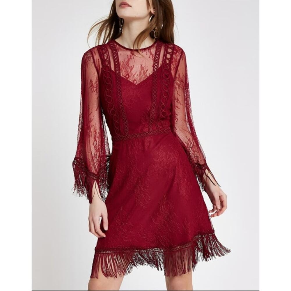 New NWT River Island‎ Luxe Red Sheer Lace Flapper Style Bell Sleeve Dress Size 6